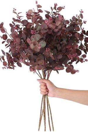 3Pcs Artificial Plants Silk Eucalyptus Leaves Tall 29" Eucalyptus Stems Branches Floral Arrangement Decoration, Artificial Plant Farmhouse Indoor Home Wedding Decor Wine Red