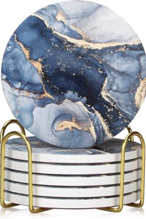 6 Pcs Navy Blue Marble Abstract Ceramic Coasters with Holder Best Absorbent Drink Coasters Round Ceramic Table Coasters Set Decorative Coffee Cup Beverage Coasters Wine Beer Bar Coasters