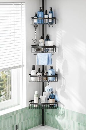 Corner Shower Caddy Tension Pole: Adjustable Rustproof 4-Tier Inside Bathroom Organizer - 47-121 inch Quick Installation Bathtub Shelves for Shampoo Storage - Rod Floor Standing Bath Rack - Black