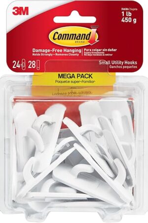 Command Small Utility Hooks, Damage Free Hanging Wall Hooks with Adhesive Strips, No Tools Wall Hooks for Hanging Organizational Items in Living Spaces, 24 White Hooks and 28 Command Strips