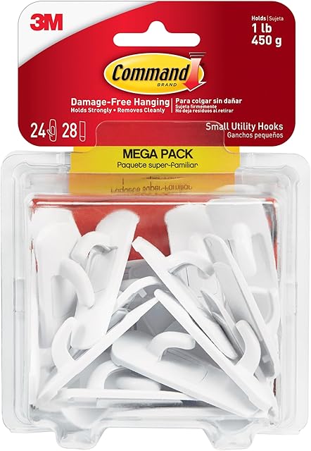 Command Small Utility Hooks, Damage Free Hanging Wall Hooks with Adhesive Strips, No Tools Wall Hooks for Hanging Organizational Items in Living Spaces, 24 White Hooks and 28 Command Strips