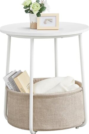 VASAGLE Small Round Side End Table, Modern Nightstand with Fabric Basket, Matte White and Camel Brown ULET223W10