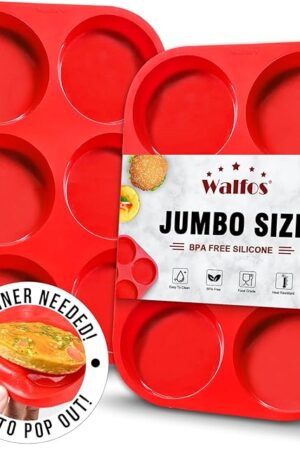 Walfos Silicone Muffin Top Pans for Baking 4inch Jumbo Size, Perfect Results Premium Non-Stick Bakeware Egg Baking Pan, Great for Eggs, Hamburger Bun, Muffin Top and More, Food Grade & BPA Free, 2pcs