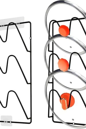 2 Pack Pot Lid Organizer Rack, 6-Tier Pot Lids Holder for Smooth Cabinet Door/Wall, No Drilling Adhesive Mounted Rustproof Pot and Pan Holder Cover for Kitchen Storage (Classic Black)