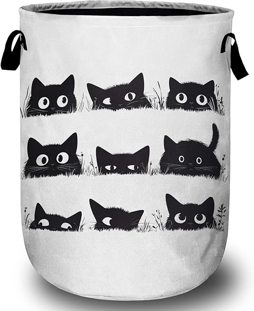 Cute Black Cat Laundry Basket, Laundry Hamper Collapsible Oxford Cloth with Handle Clothes Toy Storage Bin for Bathroom Laundry Room Bedroom 15.7 X 20 Inch