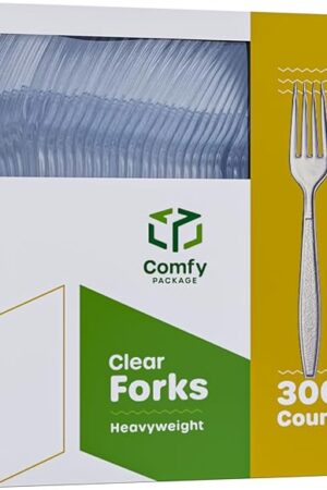 Comfy Package [300 Pack] Heavyweight Clear Plastic Forks with Engraved Design - Disposable Sturdy Plastic Utensils for Parties, Weddings, and Events