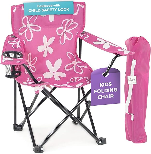 Emily Rose Kids Pink Flowers Folding Beach Camping Camp Chair with Safety Lock, Carry Case & Cup Holder - for Girls Toddlers - Tailgate, Travel, Lawn, Sports - Indoor & Outdoor | USA Company
