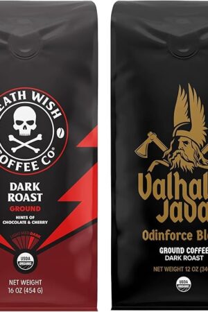 Death Wish Coffee, Dark Roast Grounds 16 Oz & Valhalla Java Ground 12 Oz - Extra Kick of Caffeine in 1 Powerful Bundle - Hardcore Coffee from Arabica & Robusta Beans for Tough Days