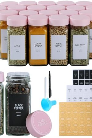 24 Glass Spice Jars with Labels,Spice Jar Set,4oz Seasoning Containers,Spice Containers with Pink Airtight Lids and Shaker Lids,Square Empty Spice Bottles, 492 Labels,2 Marker Pens,1 Funnel