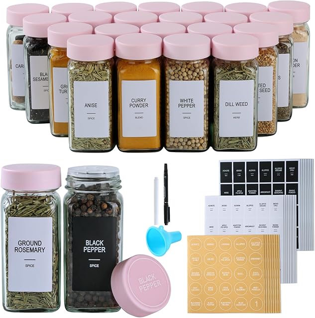 24 Glass Spice Jars with Labels,Spice Jar Set,4oz Seasoning Containers,Spice Containers with Pink Airtight Lids and Shaker Lids,Square Empty Spice Bottles, 492 Labels,2 Marker Pens,1 Funnel