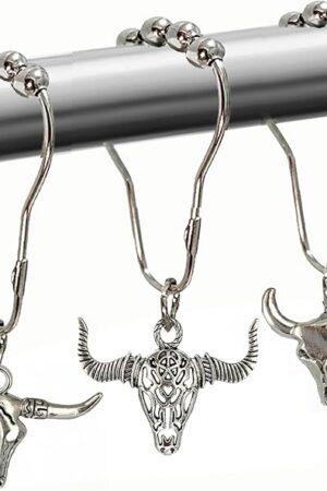 Cow Shower Curtain Hooks, Western Cowboy Shower Curtain Hooks Rings Highland Cow Bathroom Decor Metal Silvery Farmhouse Rustic Farm Decorative Shower Curtain Hooks