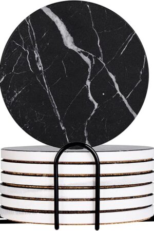 Drink Coasters with Holder Absorbent Ceramic Coasters Set of 6 Black Marble Style, 4 Inches Suitable for Kinds of Cups and Outdoor Picnic