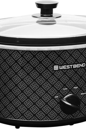 West Bend Slow Cooker 4-Quart Manual Crockery Style with Dishwasher Safe Oval Ceramic Crockpot and Glass Lid Two Temperature Settings Plus Keep Warm, 210-Watts, Black