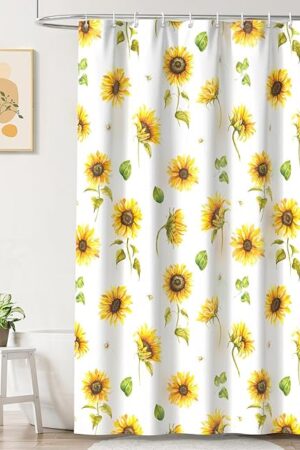 Colorful Star Watercolor Sunflower Shower Curtain, Floral Fabric Shower Curtain, Decorative Modern Bathroom Curtain, Rustic Botanical Yellow Flowers Waterproof Shower Curtain Set with Hooks 72x72 Inch