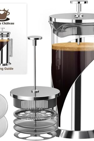 Cafe Du Chateau Stainless Steel French Press Coffee Maker - 34oz Insulated Coffee Press with 4-Level Filtration, BPA Free, Durable Glass, Great for Tea