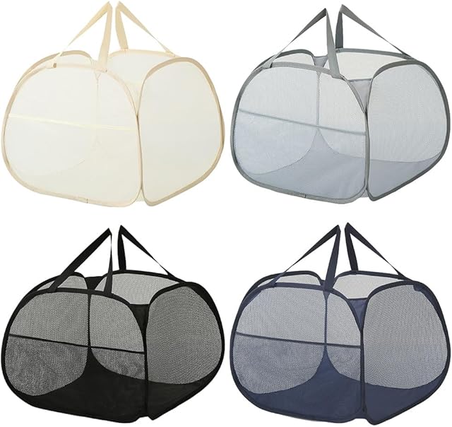 4 Pcs mesh laundry basket, Laundry Basket with Durable Handles,Foldable Pop-up Mesh Hamper Dirty Clothes Basket for Clothes & Laundry-Home Organization (4, Black/Blue/Beige/Gray)