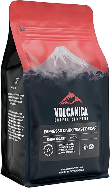 Volcanica Espresso Beans Decaf Coffee, Dark Roast Whole Bean Coffee, Bold Sweet Flavor, Swiss Water Process, Fresh Roasted, Kosher, Vegan, Gluten-Free, 16 oz