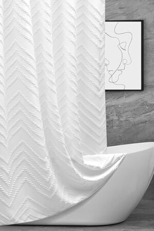 White Boho Fabric Shower Curtain 72 x 72 Inches, Modern Shabby Chic Textured Tufted Chevron Striped Minimalist Cloth Bathroom Shower Curtain