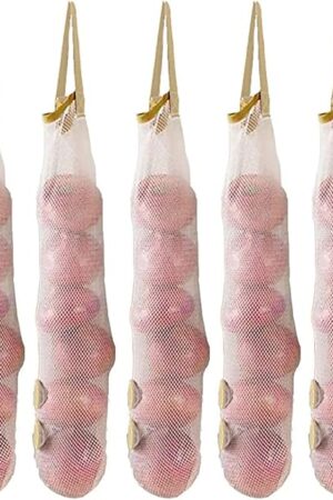 Ahyuan Hanging Mesh Storage Bags 5 Pack Onion Garlic Potatoes Net Mesh Bag Long and Large Reusable Net Produce Bags for Fruit Veggies Garbage Bag for Home RV Camper