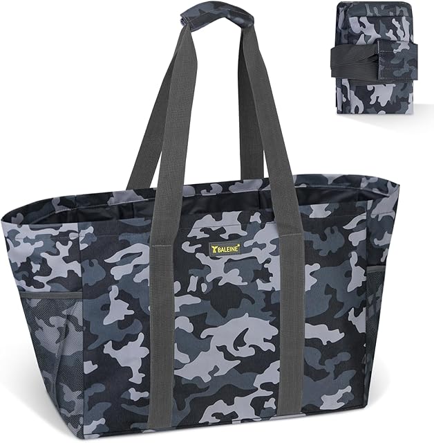 BALEINE Soft 9 Gallon Extra Large Utility Tote, Foldable Reusable Storage Bag (Grey Camouflage)