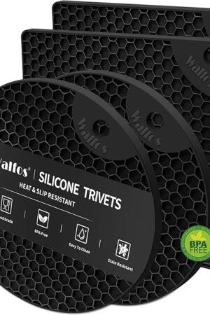 Walfos Silicone Trivet Mats - 4 Heat Resistant Pot Holders, Multipurpose Non-Slip Hot Pads for Kitchen Potholders, Hot Dishers, Jar Opener, Spoon Holder, Food Grade Silicone & BPA Free (Black)