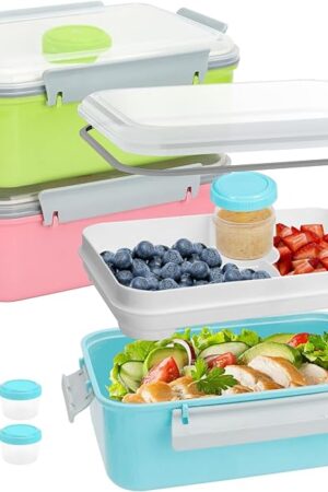 3 Pack Salad Lunch Box Food Storage Containers, 47oz Bento Box To Go Container with Lids, Meal Prep Containers with Removable Tray & Dressing Pots for Kids and Adults, Reusable and Microwavable