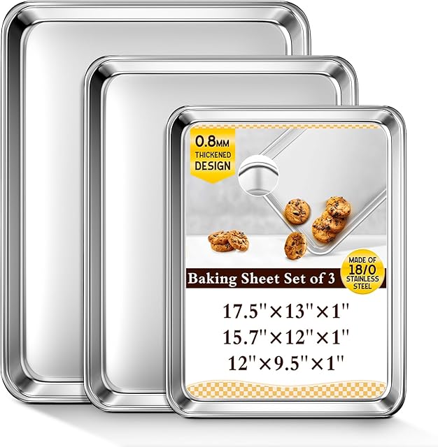 Baking Sheet Set of 3, Commercial Grade Stainless Steel Cookie Sheets for Baking, 12/16/17.5 Inch, Thicker and Firmer Baking Pans Set, Rust & Warp Resistant & Nonstick, Nontoxic&Heavy Duty&Easy Clean