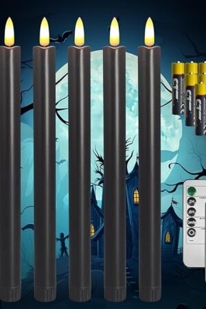 Black Flameless Taper Candles, 6 Pack, 0.78 x 9.9 Inches, Halloween Taper Candles with 2 Remotes & Batteries, Spooky Gothic Decor for Haunted House, Party, Horror Theme Decorations