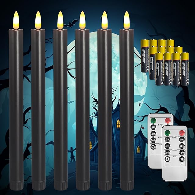 Black Flameless Taper Candles, 6 Pack, 0.78 x 9.9 Inches, Halloween Taper Candles with 2 Remotes & Batteries, Spooky Gothic Decor for Haunted House, Party, Horror Theme Decorations