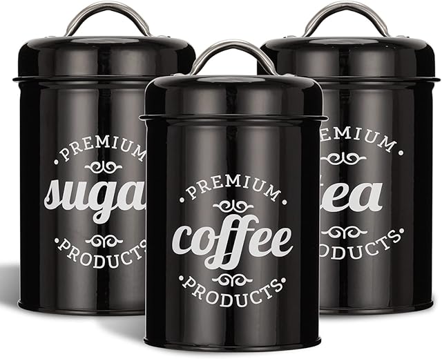 3 Piece Food Jars Canisters Sets, Airtight Coffee Container, Tea Organizer, And Sugar Canister, Rustic Farmhouse Decor for Kitchen Countertop (Black)