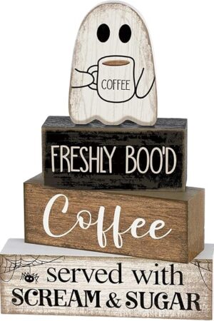 4 Pcs Halloween Table Decor Coffee Ghost Wooden Sign Halloween Tiered Tray Decor Farmhouse Ghost Tabletop Centerpiece Decorative Coffee Bar Block Signs for Home Office Kitchen Shelf