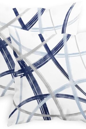 CaliTime Throw Pillow Cases Pack of 2 Cozy Fleece Arc-Shaped Abstract Geometric Lines Decorative Cushion Covers for Couch Bed Sofa Farmhouse Decoration 18 X 18 Inches Navy Baby Blue Grey