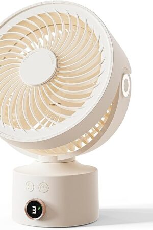 Desk Fan, Small Oscillating Fan for Bedroom, 9 Inch Table Fans Quiet,Desk Air Circulator Fan with 3 Speeds, 4H Time, Rechargeable Fan for Office/Dorm/Room-Beige