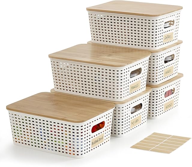 Small Plastic Storage Bins with Bamboo Lids 5.2qt Stackable Box Basket Pantry Decorative Containers Cute with Lable for Organizing Desktop Closet Office Cream White of 6 packs 10*7.2*4.1'’