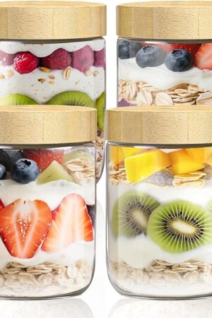 16oz Overnight Oats Containers with Bamboo Lids, Glass Jars with Airtight Lids, Wide Mouth Mason Meal Prep Jars, Food Storage Container for Yogurt Salad Chia Pudding Snacks Spice Sugar,4 Pack