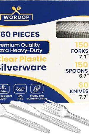 360 Count Extra Heavy Duty Plastic Silverware Set – Heat Resistant & BPA Free Disposable Silverware Cutlery 150 Forks, 150 Spoons, 60 Knives – Clear Premium Plastic Utensils for Parties & Events
