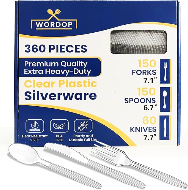 360 Count Extra Heavy Duty Plastic Silverware Set – Heat Resistant & BPA Free Disposable Silverware Cutlery 150 Forks, 150 Spoons, 60 Knives – Clear Premium Plastic Utensils for Parties & Events