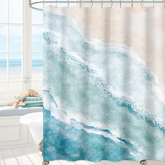 Beach Ocean Themed Shower Curtain, Teal Blue Cute Nautical Coastal Shower Curtains for Bathroom Decor, Summer Tropical Fabric Shower Curtain Set with Hooks, 72x72