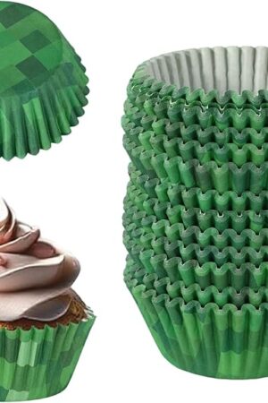 300pcs Pixel Cupcake Liners, Versatile Green Cup Cake Holders Birthday Party Large Dinosaur Cupcake Liners Goodie Cups Favor for Game Party Decoration Dessert Candies