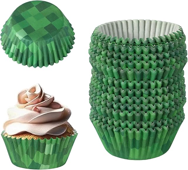 300pcs Pixel Cupcake Liners, Versatile Green Cup Cake Holders Birthday Party Large Dinosaur Cupcake Liners Goodie Cups Favor for Game Party Decoration Dessert Candies