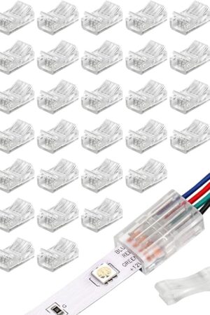 40 Pack RGB LED Light Strip Connectors, 4-Pin 10mm Solderless LED Strip to Wire Quick Connector, Waterproof Gapless Adapter Track Lighting Connectors for 5050 Multicolor LED RGB Strip Lights
