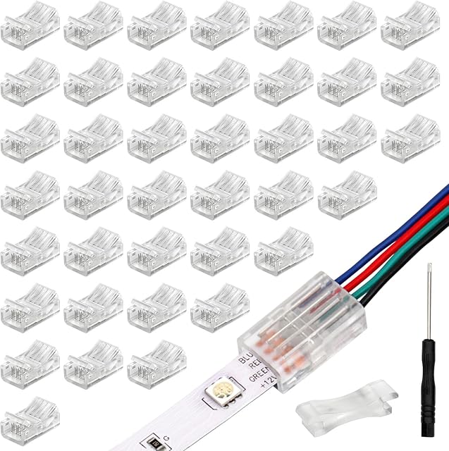 40 Pack RGB LED Light Strip Connectors, 4-Pin 10mm Solderless LED Strip to Wire Quick Connector, Waterproof Gapless Adapter Track Lighting Connectors for 5050 Multicolor LED RGB Strip Lights