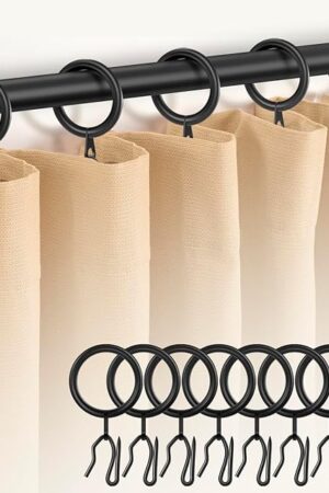 60Pcs Metal Curtain Rings and 60 Pcs Curtain Drapery Pin Hooks,Black Curtain Hooks for Drapes,30mm Internal Diameter for Window, Shower Curtain