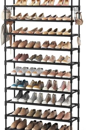 VTRIN 10-Tier Shoe Rack - Large Capacity 50 Pair Organizer with Two Hooks - Sturdy Metal Shoe Shelf for Entryway, Closet, Bedroom