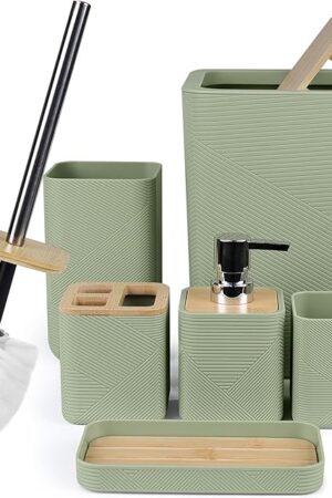 CERBIOR Bathroom Accessories Set 6 Piece Bamboo Bath Ensemble Includes Soap Dispenser, Toothbrush Holder, Toothbrush Cup, Soap Dish for Decorative Countertop and Housewarming Gift (Green)