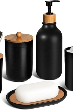 Black Bathroom Accessories Set 5 Pcs, Matte Black Bathroom Accessories, Plastic Soap Dispenser and Toothbrush Holder Set, Soap Dish, Cotton Swab Jar, Black Bathroom Set, Boho Bathroom Decor