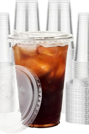 100 Pack 16 oz Clear Plastic Cups with Lids for Cold Drinks | Strawless Sip Lids | Disposable Iced Coffee Cups | For Cold Beverages