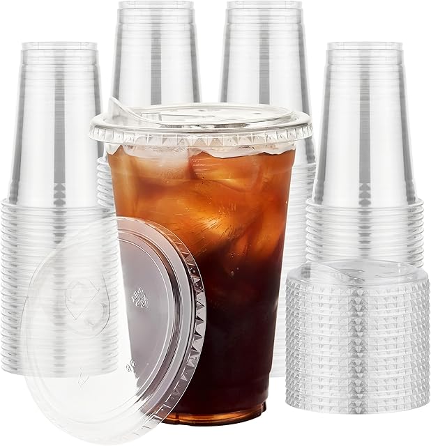 100 Pack 16 oz Clear Plastic Cups with Lids for Cold Drinks | Strawless Sip Lids | Disposable Iced Coffee Cups | For Cold Beverages