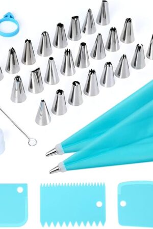 34Pcs Piping Bags and Tips Set, Bake Cake Decorating Kit with 24 Stainless Steel Tips, 2 Reusable Silicone Pastry Bags, 3 Icing Smoother, 2 Couplers, 2 Frosting Bags Ties and 1Pipe Brush