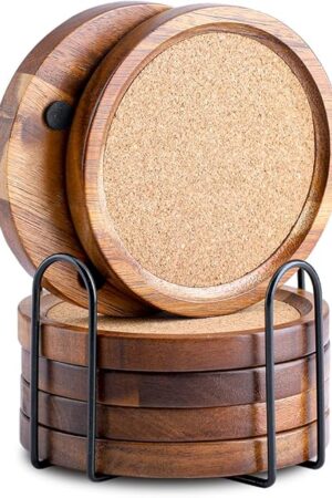 Wood Cork Coasters for Drinks Absorbent with Holder, WLWNWFT Acacia Wood Coaster Sets Rustic Farmhouse for Coffee Table Dining Table Wooden Table Coasters for Desk, Set of 6 4.33in